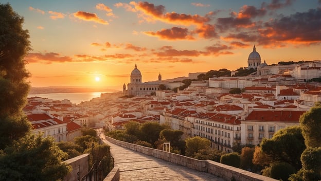 Panoramablick auf Lissabon während des Sonnenuntergangs mit historischen Gebäuden und einem ruhigen Fluss im Hintergrund.