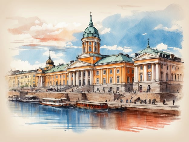 Auf dem Bild ist eine malerische Darstellung eines historischen Gebäudes in Helsinki zu sehen, wahrscheinlich ein Institut oder eine öffentliche Einrichtung nahe am Wasser. Das Architekturelement mit dem markanten Kuppeldach und den Säulen spiegelt die neoklassizistische Bauweise wider, die in Finnland verbreitet ist.Helsinki ist bekannt für seine kulturelle Vielfalt, die sich in den zahlreichen Veranstaltungen, Festivals und Gemeinschaftsprojekten widerspiegelt. Die Stadt zieht Menschen unterschiedlichster Herkunft an und bietet eine reiche Mischung aus finnischer Kultur, sowie Einflüssen aus anderen Teilen Europas und der Welt. Diese Vielfalt wird in der Architektur, Gastronomie und in der Kunstszene der Stadt sichtbar.