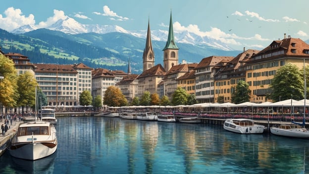 Zürcher See mit Booten, historische Architektur, Berge im Hintergrund, klare Himmel und belebte Promenade.