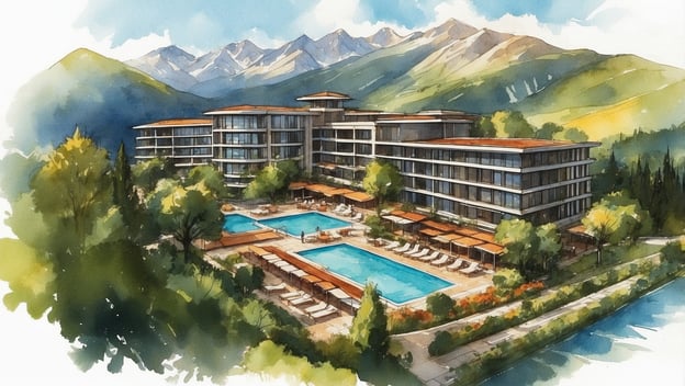 Moderne Hotelanlage mit Pools, Liegen und Bergen im Hintergrund, umgeben von Bäumen und einem klaren Himmel.
