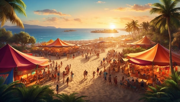 Strandfestival in Grömitz mit bunten Zelten, Menschenmenge, Sonnenuntergang und Palmen am Strand.