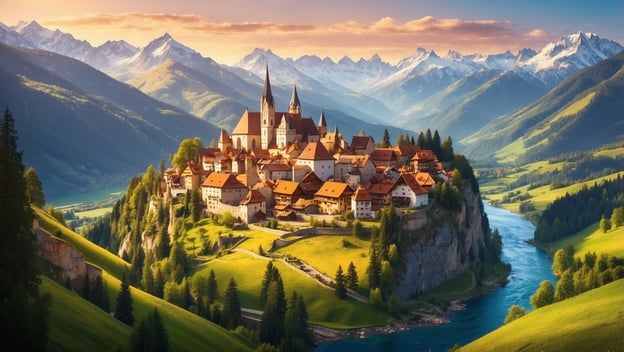 Eine malerische Berglandschaft mit einem historischen Dorf auf einem Hügel, umgeben von hohen Bergen und einem Fluss.