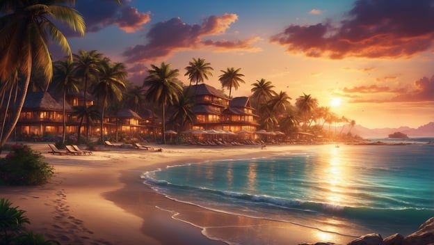 Tropischer Strand mit Palmen, luxuriösen Resorts und Sonnenuntergang über dem Wasser. Ruhige Wellen und leere Liegen.