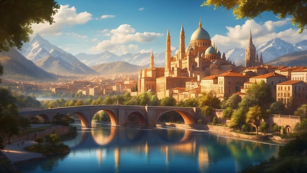 Eine malerische Stadtansicht mit einer Brücke, einem Fluss und einer beeindruckenden Architektur im Hintergrund, umgeben von Bergen.