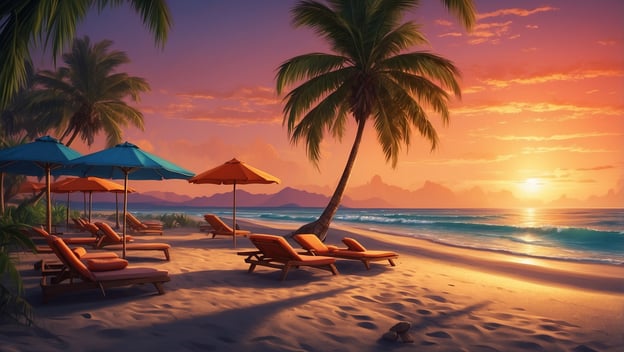Tropischer Strand mit Sonnenliegen und Sonnenschirmen, sanfte Wellen und ein farbenprächtiger Sonnenuntergang am Horizont.