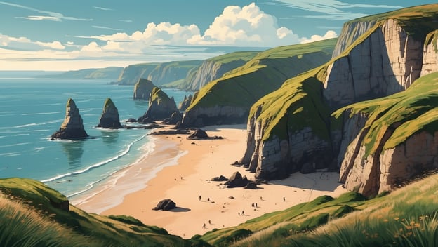 Eine malerische Küstenlandschaft mit Klippen, grünem Gras und Sandstrand, umgeben von einem ruhigen Meer.