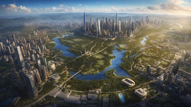 Luftaufnahme einer modernen Stadt mit Wolkenkratzern, Parks und Flüssen, umgeben von Bergen und einem blauen Himmel.
