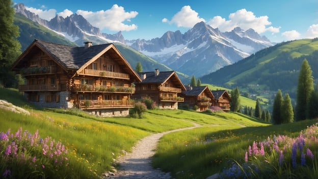 Blühende Wiesen mit bunten Blumen, traditionelle Chalets und hohe Berge im Hintergrund unter blauem Himmel.