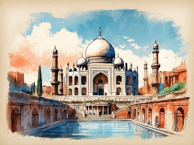 Auf dem Bild ist ein kunstvoll gezeichnetes Gebäude zu sehen, das an die Architektur des Taj Mahal in Indien erinnert, mit seinen charakteristischen Kuppeln und Minaretten. Die lebhaften Farben und die Darstellung der umgebenden Landschaft verleihen dem Bild eine romantische Atmosphäre.Wenn man sich die Geschichte Bukarests ansieht, fällt auf, dass die Stadt zahlreiche Einflüsse aus verschiedenen Kulturen und Epochen erfahren hat. Wie das Taj Mahal, das als Symbol für Liebe und Geschichte gilt, ist auch Bukarest durch meisterhafte Bauwerke geprägt, die die Zeit überdauert haben. Die Mischung aus neoklassizistischen, barocken und modernen Stilen in Bukarest spiegelt die Vielfalt und den kulturellen Reichtum dieser Stadt wider.