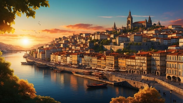 Sonnenuntergang über einer Stadt mit bunten Gebäuden am Wasser, sanfte Hügel und Brücke im Hintergrund.