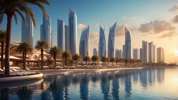 Moderne Wolkenkratzer spiegeln sich im Wasser, umgeben von Palmen und luxuriösen Liegen an einer Wasserfront in Abu Dhabi.