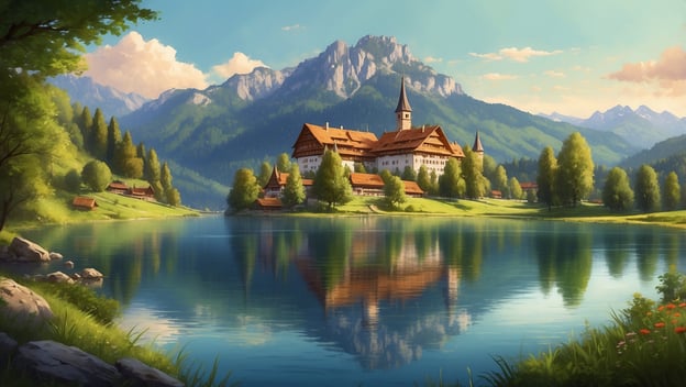 Idyllische Landschaft mit See, malerischem Hotel und bewaldeten Bergen im Hintergrund. Sonniger Himmel mit wenigen Wolken.