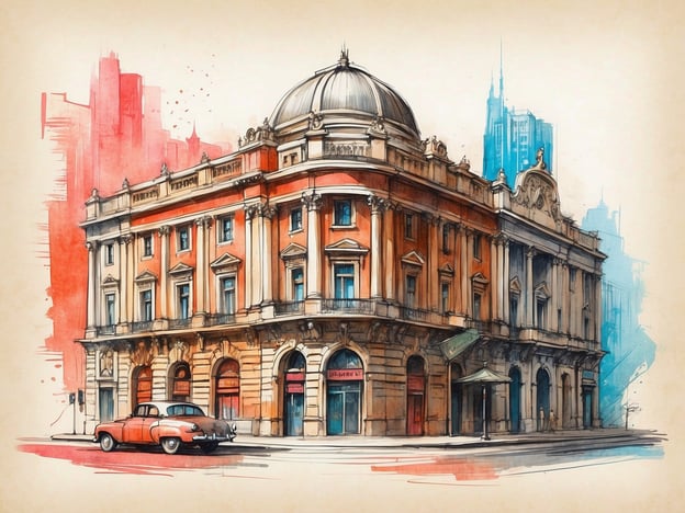 Auf dem Bild ist ein historisches Gebäude in Bukarest zu sehen, das durch seine beeindruckende Architektur besticht. In der Darstellung erkennt man elemente der kulturellen Vielfalt der Stadt, die durch eine Mischung aus neoklassizistischen und modernen Baustilen geprägt ist.Die lebhaften Farben und das stilisierte Design der Umgebung spiegeln Bukarests dynamische Geschichte und die Einflüsse verschiedener Kulturen wider, die über die Jahrhunderte hier zusammengekommen sind. Die alte Straße und das klassische Auto tragen zur nostalgischen Atmosphäre bei und betonen die Verbindung zwischen Tradition und Moderne in der Stadt. Bukarest ist bekannt für seine kulturelle Diversität, die sich nicht nur in der Architektur, sondern auch in der Lebensweise der Menschen zeigt.