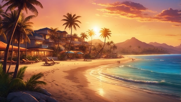 Strand mit Palmen, Sonnenuntergang über dem Meer, Ferienresorts im Hintergrund und Menschen, die sich am Wasser aufhalten.