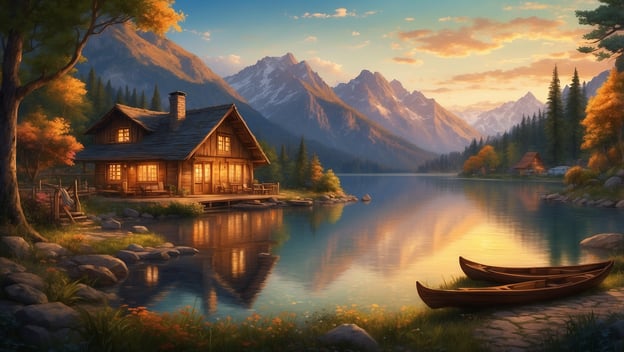Ein idyllisches Holzhaus am Ufer eines ruhigen Sees, umgeben von Bergen und herbstlichen Bäumen, zwei Kanus liegen am Wasser.