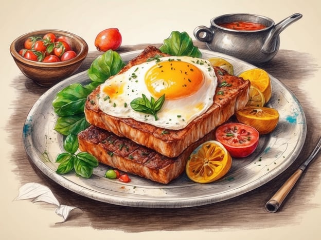 Auf dem Bild ist ein köstlicher Teller mit einer ansprechenden Mahlzeit zu sehen. Die Speise besteht aus zwei Scheiben geröstetem Brot, die mit einem Spiegelei garniert sind. Dazu werden frische Tomaten, Salatblätter und Zitronenscheiben serviert. Eine kleine Schüssel mit einer Sauce oder einem Dip ergänzt das Gericht.In der kulinarischen Welt Bukarests findet man ähnliche Gerichte, die oft mit frischen Zutaten zubereitet werden. Die Kombination aus Eiern und Brot erinnert an traditionelle Frühstücksoptionen, die sowohl herzhaft als auch nahrhaft sind und perfekt in die lokale Esskultur passen.