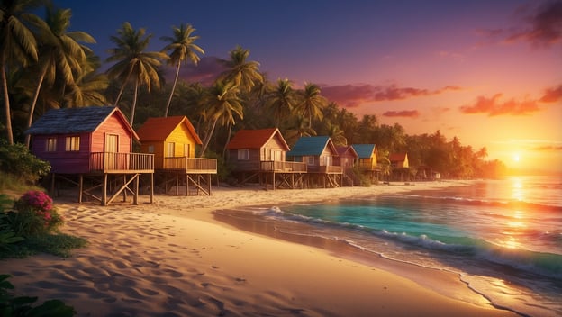 Bunte Strandhäuser stehen auf Stelzen am Ufer, umgeben von Palmen und einem Sonnenuntergang über dem Meer.