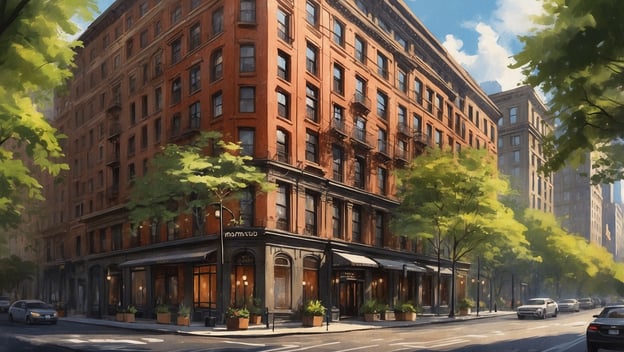 Das Fifth Avenue Hotel ist ein elegantes Gebäude in New Yorks NoMad, umgeben von Bäumen und urbanem Flair.