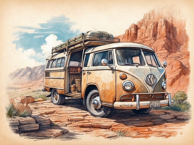 Auf dem Bild ist ein vintage VW-Bus zu sehen, der in einer beeindruckenden Landschaft geparkt ist. Diese Szene bietet zahlreiche Aktivitäten und Unternehmungsmöglichkeiten:1. **Roadtrip**: Die Umgebung lädt zu einem abenteuerlichen Roadtrip durch malerische Landschaften ein. Man könnte verschiedene Sehenswürdigkeiten erkunden.2. **Camping**: Mit einem solchen Bus ist Camping ideal. Man könnte ein Zelt aufschlagen, am Lagerfeuer sitzen und die Natur genießen.3. **Wandern**: Die umliegenden Berge und Pfade bieten großartige Möglichkeiten zum Wandern und die Erkundung der Natur.4. **Fotografie**: Die schöner Umgebung und der Oldtimer-Bus sind perfekte Motive für Fotografie. Man könnte atemberaubende Bilder schießen.5. **Picknick**: Ein Picknick in der Natur wäre eine entspannende Möglichkeit, den Tag zu verbringen.Diese Aktivitäten bieten eine tolle Gelegenheit, die Natur zu genießen und unvergessliche Erlebnisse zu schaffen.