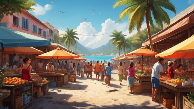 Ein lebhafter Markt am Strand mit bunten Ständen, Leuten und Palmen unter blauem Himmel.