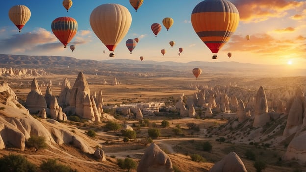 Luftballons über einer beeindruckenden Landschaft mit Felsformationen in der Türkei bei Sonnenuntergang.