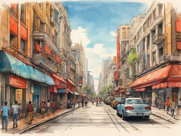 Auf dem Bild ist eine lebendige städtische Straße zu sehen, die von bunten Geschäften und Cafés gesäumt ist. Die Architektur der Gebäude vermittelt ein Gefühl von Geschichte und Tradition, während die roten Markisen einen einladenden Akzent setzen.Menschen flanieren entlang der Straße, einige schlendern mit Einkaufstüten, während andere sich in Gruppen unterhalten. Autos sind ebenfalls auf der Straße sichtbar, was das geschäftige Treiben der Stadt unterstreicht. Der Himmel ist blau und die Sonne strahlt, was zur freundlichen Atmosphäre beiträgt. Insgesamt vermittelt das Bild ein Gefühl von lokalem Leben und urbanem Puls, perfekt für eine belebte Einkaufsstraße oder ein beliebtes Ausgehviertel.