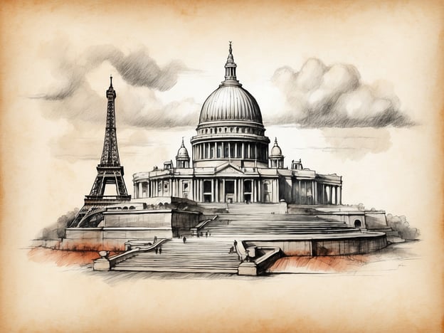 Auf dem Bild sind zwei berühmte kulturelle Sehenswürdigkeiten zu sehen: der Eiffelturm in Paris und die St. Paul's Cathedral in London. Der Eiffelturm ist ein ikonisches Symbol von Frankreich, während die St. Paul's Cathedral für ihre beeindruckende Architektur und historische Bedeutung in Großbritannien bekannt ist. Die Darstellung kombiniert diese beiden Wahrzeichen, was auf eine Verbindung zwischen den beiden Städten hinweist.