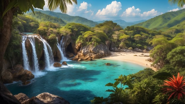 Tropische Landschaft mit Wasserfall, türkisfarbenem Wasser, schneeweißem Strand und üppiger Vegetation im Hintergrund.