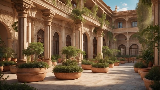 Historischer Innenhof mit Säulen und großen Blumentöpfen, umgeben von Pflanzen und natürlichem Licht im Hotel Seville Nomad.