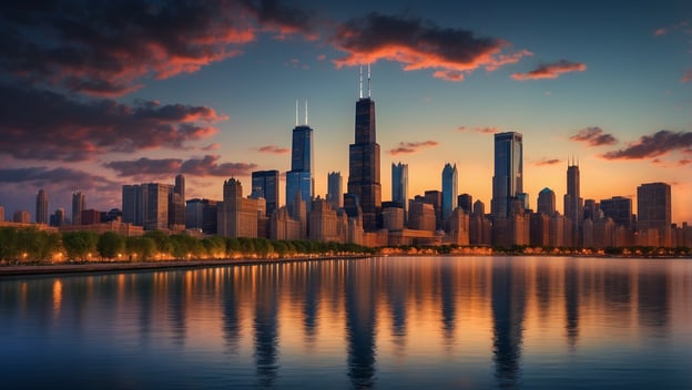 Eine Panoramaansicht der Skyline von Chicago zur Dämmerung mit reflektierenden Gebäuden im Wasser.