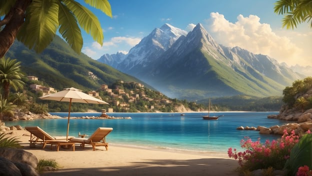 Ein sandiger Strand mit Liegestühlen und Sonnenschirm, umgeben von Palmen und Bergen, im Hintergrund ein ruhiges Meer.