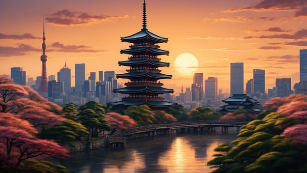 Eine traditionelle Pagode steht im Vordergrund, umgeben von blühenden Bäumen vor einer modernen Stadtsilhouette bei Sonnenuntergang.