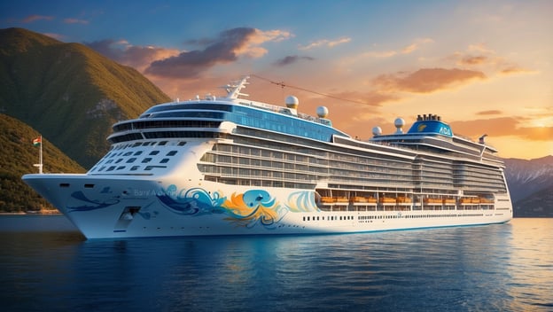 Ein modernes Kreuzfahrtschiff von AIDA liegt im Wasser vor einer bergigen Küstenlandschaft bei Sonnenuntergang.