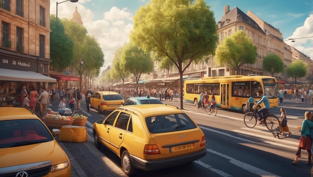 Belebte Straßen mit vielen Passanten, gelben Taxis und einem Bus. Bäume und historische Gebäude im Hintergrund.