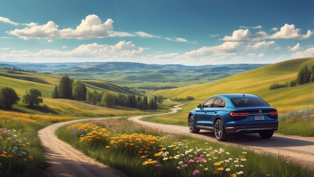 Ein blauer Wagen fährt auf einer kurvigen Landstraße durch eine blühende Frühlingslandschaft mit sanften Hügeln.