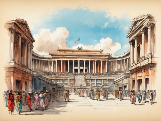 Das Bild zeigt eine beeindruckende Architektur, die an antike römische oder griechische Tempel erinnert. Im Zentrum befindet sich ein großer, majestätischer Bau, möglicherweise ein Theater oder ein Versammlungsort, der von Säulen umgeben ist. Die Menschenmenge, die das Bild bevölkert, könnte auf eine wichtige Veranstaltung oder Feier hindeuten, wie zum Beispiel eine öffentliche Anhörung, ein Fest oder eine Sportveranstaltung in der Antike.Die einzelnen Gebäude zeigen kunstvolle architektonische Details, und die Atmosphäre ist lebhaft mit verschiedenen Personen, die sich in bunten Gewändern bewegen. Dies könnte auf eine Zeit der kulturellen Blüte und des interkulturellen Austauschs hinweisen, was viele antike Zivilisationen prägte. Ein solches Szenario spiegelt die Werte der Demokratie, der Kunst und der Gemeinschaft wider, die in vielen antiken Kulturen von zentraler Bedeutung waren.
