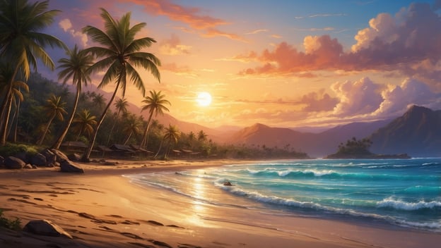 Ein Sonnenuntergang über einem Strand mit Palmen, sanften Wellen und Bergen im Hintergrund. Marriott Bonvoy Reisen, die bleiben.
