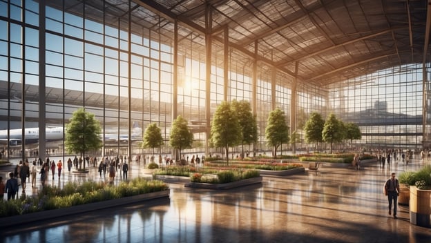 Große, moderne Flughafenhalle mit vielen Menschen, Pflanzen und großen Fenstern, Licht strömt herein, Flugzeuge im Hintergrund.