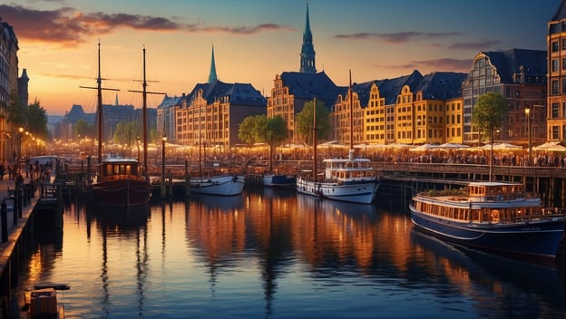 Blick auf einen Hafen mit historischen Gebäuden, mehreren Booten und beleuchteten Uferpromenaden bei Sonnenuntergang.