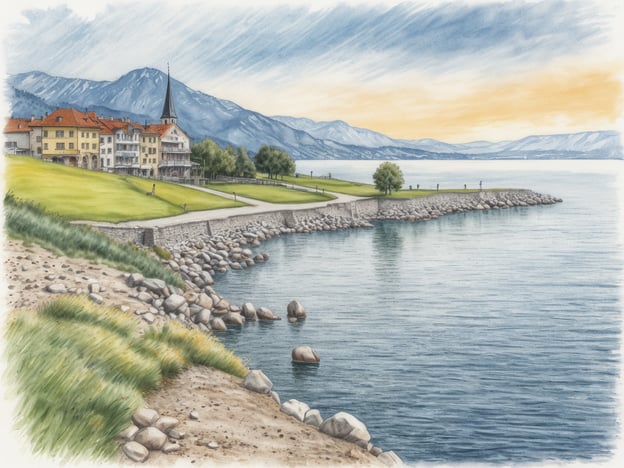 Blick auf den Bodensee mit einem Uferweg, angrenzenden Häusern, Bäumen und umgebenden Bergen im Hintergrund.