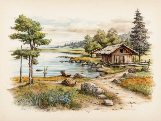 Auf dem Bild sind folgende Aktivitäten und Elemente zu sehen:1. **Kleine Hütten** - Zwei Holz-Hütten am Ufer.2. **Wasser** - Ein ruhiger See oder Fluss.3. **Bäume** - Verschiedene Bäume in der Umgebung.4. **Wanderweg** - Ein schmaler Weg, der am Wasser entlangführt.5. **Felsen** - Größere Steine am Ufer.6. **Grünflächen** - Gräser und Blumen im Vordergrund.7. **Natur** - Eine friedliche und ländliche Landschaftserfahrung.