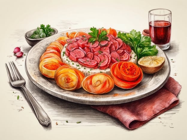 Auf dem Bild ist ein kunstvoll angerichteter Teller zu sehen, der mit verschiedenen Fleischsorten, möglicherweise Aufschnitt, verziert ist. Dazu gibt es frisches Gemüse wie Tomaten und Kräuter.In Riga kann man kulinarische Highlights wie die traditionelle lettische Knochensuppe, Pīrāgi (gefüllte Teigtaschen) und frischen Fisch aus der Ostsee genießen. Ein weiteres Highlight sind die regionalen Rübengerichte und das schmackhafte Roggenbrot, das in der lettischen Küche sehr geschätzt wird.