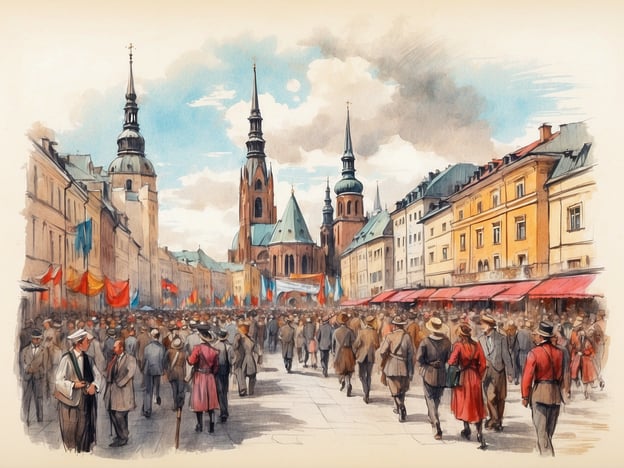 Auf dem Bild ist eine lebhafte Szene in Riga zu sehen, die an ein kulturelles Event oder Festival erinnert. Die Menschenmenge strömt durch eine belebte Straße, umgeben von historischen Gebäuden mit charakteristischen Türmen. Die bunten Flaggen und festliche Dekoration deuten auf ein wichtiges Ereignis hin, möglicherweise ein Volksfest oder eine Feier zu Ehren eines nationalen Feiertags.In Riga gibt es zahlreiche kulturelle Events, darunter das „Riga City Festival“, das lokale Traditionen, Musik und Kunst feiert. Auch das „Lettische Liedfest“ bietet eine Plattform für Gesang und Tanz und zieht viele Besucher an. Die Atmosphäre auf dem Bild spiegelt den Gemeinschaftsgeist und die Freude wider, die während solcher Festivals erfahrbar sind.