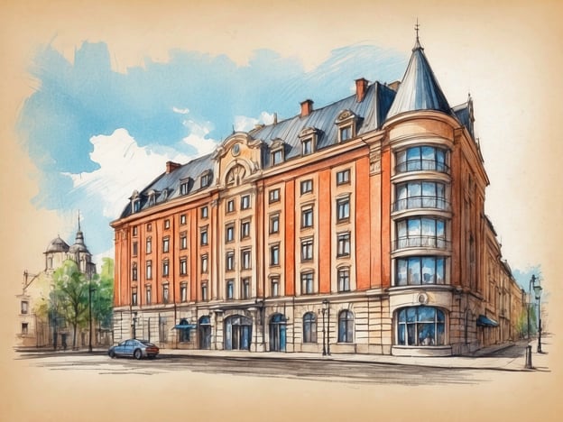 Auf dem Bild ist ein Hotel oder ein großes Gebäude zu sehen, das in einer malerischen, skizzierten Art dargestellt ist. Das Gebäude hat eine auffällige Architektur mit einem roten Mauerwerk und einem markanten Dach.Wenn Sie nach Riga reisen, gibt es eine Vielzahl von Unterkünften, darunter Hotels, Hostels und Apartments, die unterschiedliche Preisklassen und Annehmlichkeiten bieten. Beliebte Anreisemöglichkeiten nach Riga sind Flugzeuge, Züge oder Busse, wobei der internationale Flughafen Riga gut mit vielen europäischen Städten verbunden ist. Alternativ können Reisende auch mit dem Auto oder der Fähre anreisen. Die zentrale Lage vieler Unterkünfte macht es leicht, die Altstadt und andere Sehenswürdigkeiten zu erkunden.
