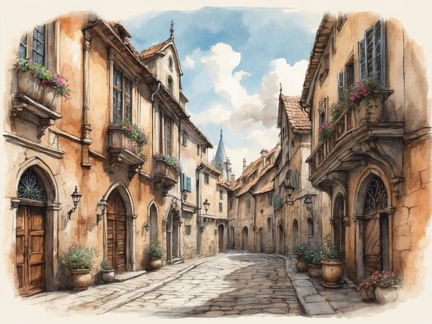 Auf dem Bild ist eine malerische Gasse zu sehen, die von historischen Gebäuden flankiert wird. Die Architektur erinnert an das charmante Stadtbild von Vilnius, wo enge, verwinkelte Straßen oft von barocken und gotischen Einflüssen geprägt sind. Blühende Pflanzen in Töpfen und die dekorativen Fenster verleihen der Szenerie eine einladende Atmosphäre. Die sanften Farben und das Licht lassen die Straße lebendig wirken, was die Geschichte und Kultur der Stadt widerspiegelt. Solche Gassen sind oft Zeugen der vielfältigen Geschichte Vilnius', die von verschiedenen Kulturen und Epochen geprägt ist.