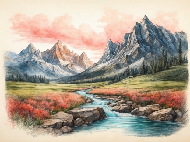 Auf dem Bild ist eine malerische Landschaft mit majestätischen Bergen, die von sanften Hügeln und einem klaren Fluss umgeben sind. Im Vordergrund fließt das Wasser über Steine, während das Ufer mit bunten Pflanzen bedeckt ist. Die Farben des Himmels sind warm und einladend, mit rosa und blauen Tönen, die auf eine ruhige Zeit des Tages hindeuten.Diese Art von Natur erinnert an die idyllischen Landschaften, die in der Umgebung von Vilnius zu finden sind, wo Wälder, Seen und sanfte Hügel die Region prägen. Die Mischung aus Wasser, Grünflächen und Bergen spiegelt die vielfältige und schöne Natur Litauens wider.