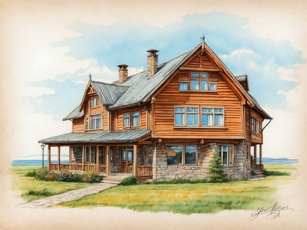 Auf dem Bild ist ein imposantes, zweigeschossiges Haus zu sehen, das mit einem Mix aus Holz und Stein erbaut ist. Es hat ein einladendes Vordach und große Fenster, die Licht hereinlassen.In der Geschichte von St. Peter-Ording könnte dieses Haus für die typischen Landschaftsarchitekturen in der Region stehen, wo viele dieser charmanten, oft holzverkleideten Gebäude die Küstenlandschaft prägen. Das Haus könnte als Ferienunterkunft dienen, die Besuchern einen Blick auf die Weite der Nordsee ermöglicht und sie gleichzeitig vor den rauen Winden und dem Wetter schützt.St. Peter-Ording hat seine Wurzeln als Fischerort und entwickelte sich durch den Tourismus, wobei solche typischen Architekturformen das Bild des Orts bis heute prägen.