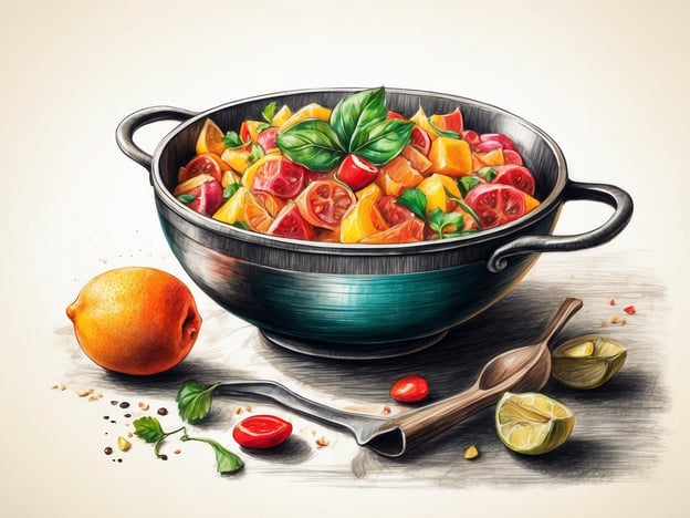 Auf dem Bild sieht man eine stilvolle Schüssel, gefüllt mit einer bunten Kombination aus frischen, gesunden Zutaten. Die Salatmischung enthält saftige Tomaten in verschiedenen Farben, leuchtend gelbe Paprika und aromatische Kräuter wie Basilikum.Neben der Schüssel liegen ein paar Zitrusfrüchte, darunter eine Orange und ausgepresste Limettenhälften, die dem Gericht einen erfrischenden Geschmack verleihen. Diese Kombination macht den Salat zu einem perfekten kulinarischen Highlight, ideal für den Sommer – leicht, frisch und voller Geschmack!