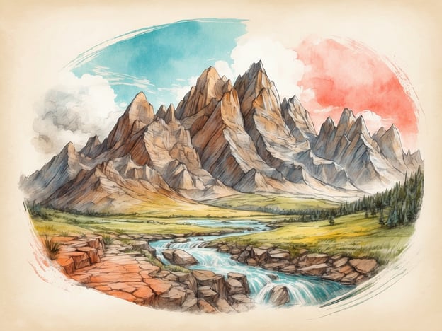 Auf dem Bild ist eine malerische Berglandschaft zu sehen. Im Vordergrund fließt ein klarer, blauer Bach über steinige Stellen und durch sanfte Wiesenlandschaften. Die majestätischen Berge im Hintergrund sind hoch und schroff, und sie sind von Wolken umgeben.In dieser Umgebung könnten Aktivitäten wie Wandern, Angeln im Bach oder einfaches Entspannen in der Natur stattfinden. Die schöne Aussicht lädt dazu ein, die Landschaft zu erkunden oder ein Picknick im Freien zu genießen.