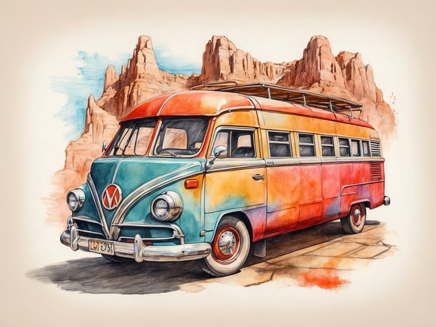 Auf dem Bild ist ein bunter VW-Bus zu sehen, der in einem malerischen, naturbelassenen Umfeld steht. Die warmen Farben des Busses könnten an die lebendige Kultur Ljubljanas erinnern, wo Kunst und Kreativität in der Stadt überall präsent sind.Ljubljana ist bekannt für ihre kulturelle Vielfalt, die sich in Straßenkunst, Festivals und traditionellen Märkten widerspiegelt. Der Bus könnte als Symbol für Reisen und Erkundung dienen, was gut zu der lebhaften Atmosphäre der Stadt passt, wo Menschen aus verschiedenen Kulturen zusammenkommen und ihre Geschichten teilen.